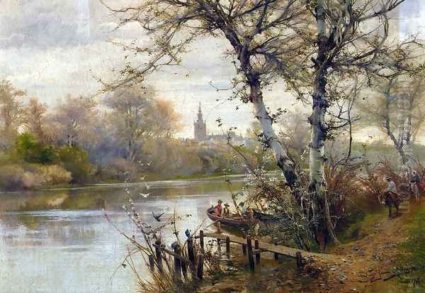 A River Landscape with Seville Beyond Oil Painting by Manuel Garcia y Rodriguez