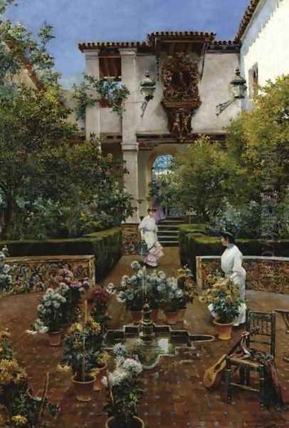 Courtyard in Seville (Un patio Sevillano) Oil Painting by Manuel Garcia y Rodriguez