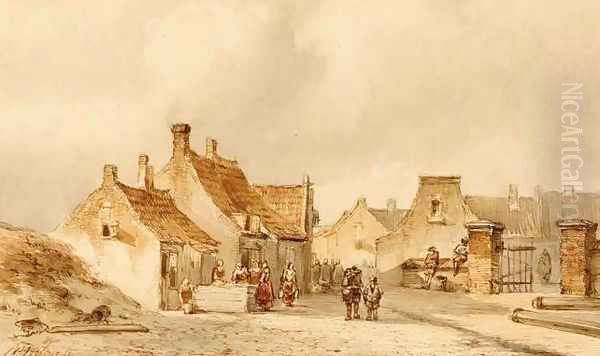 Figures in the Streets of a Dutch Coastal Town Oil Painting by Pieter Gerard Vertin