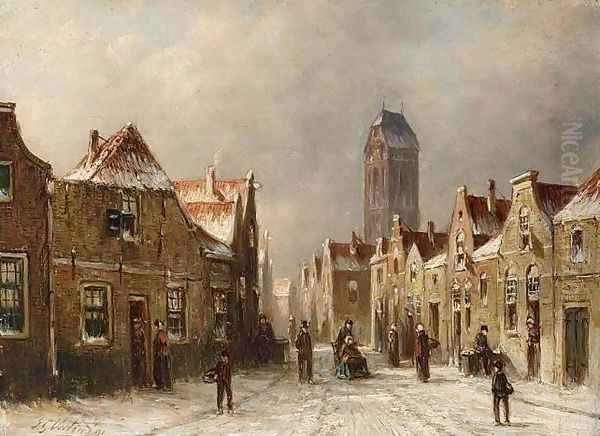 Figures in the Streets of a Snow Covered Dutch Town Oil Painting by Pieter Gerard Vertin