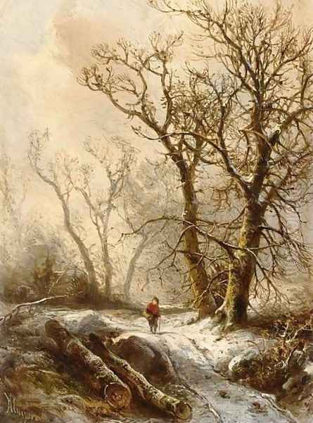 Figure in a Snowy Forest Landscape Oil Painting by Pieter Lodewijk Francisco Kluyver