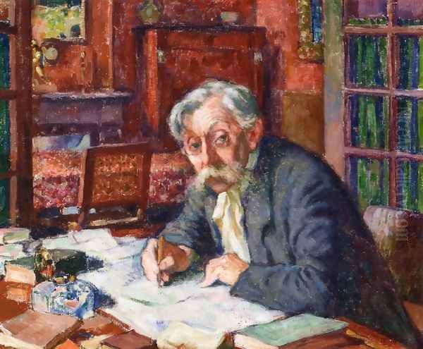 Emile Verhaeren Writing Oil Painting by Theo van Rysselberghe