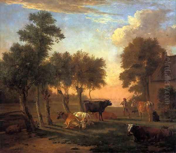 Cows in a Meadow by a Farm Oil Painting by Paulus Potter