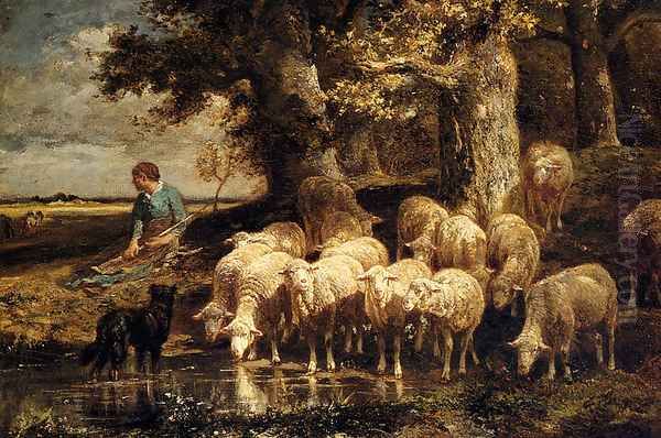 A Shepherdess With Her Flock Oil Painting by Charles Emile Jacque