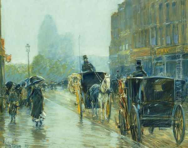 Horse-Drawn Cabs at Evening, New York Oil Painting by Frederick Childe Hassam