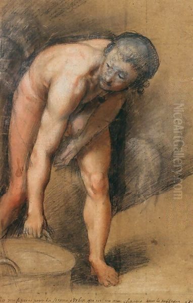 Male Figure Stooping to Lift a Cauldron Oil Painting by Federico Fiori Barocci