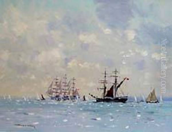 Tall Ships On The Solvent Oil Painting by Peter Johan Kraft