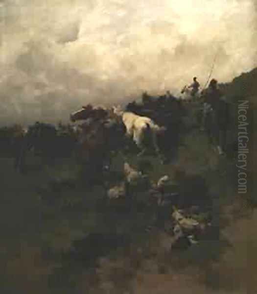 Capture Of A Horse With A Lariat Oil Painting by Josef von Brandt