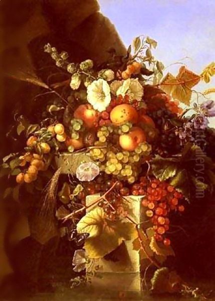 Still Life With Grapes Peaches and Flowers Oil Painting by Adelheid Dietrich