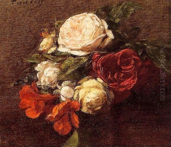 Roses and Nasturtiums1 Oil Painting by Ignace Henri Jean Fantin-Latour