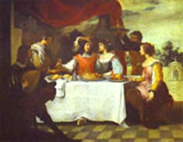 The Prodigal Son Feasting With Courtesans-1660s Oil Painting by Bartolome Esteban Murillo