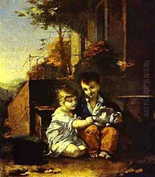 Children With Rabbit 1804-1814 Oil Painting by Pal Mihaltz