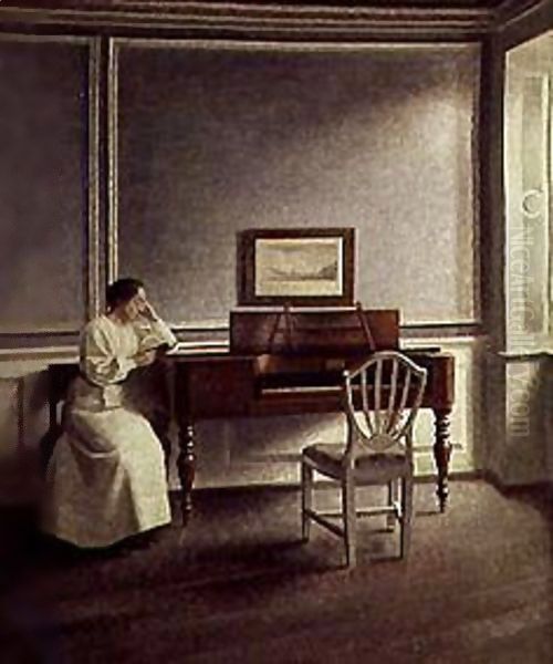 Woman Reading a Book Next to a Piano Oil Painting by Vilhelm Hammershoi