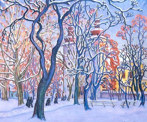 Snowy Square 1910 Oil Painting by Sidney Harold Meteyard