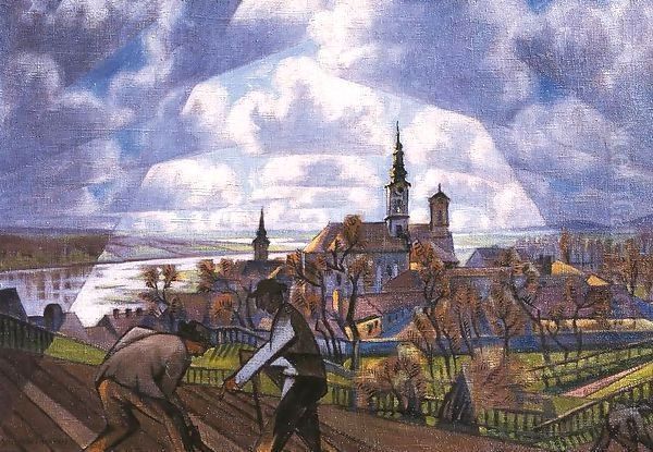 View of Szentendre with Digging Peasants 1922 Oil Painting by Sidney Harold Meteyard