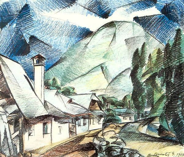 Street in Nagybanya 1924 Oil Painting by Geza Bene