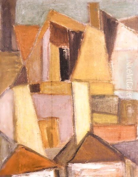 Roofs and Walls of Szentendre 1940s Oil Painting by Maerten Jacobsz Van Heemskerch