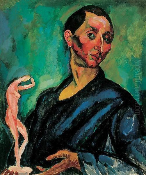 Self portrait with Sculpture 1910 Oil Painting by Tibor Duray