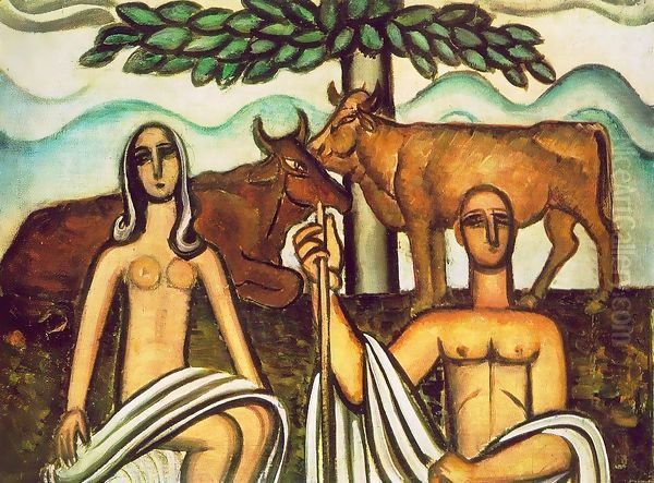 Shepherd and his Lover 1927 Oil Painting by Bela Onodi