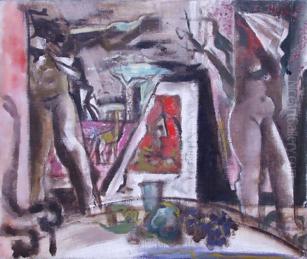 Two Nudes at the Table 1940s Oil Painting by Gizella Domotor