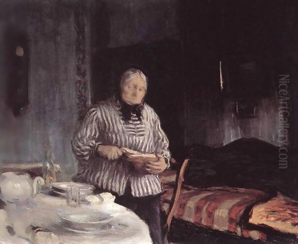 Slicing the Bread 1918 Oil Painting by Istvan Boldizsar