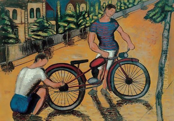 Boys with Motorbike c 1930 Oil Painting by Geza Bornemisza