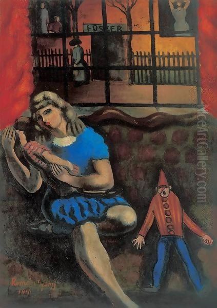 Girl with a Doll 1941 Oil Painting by Geza Bornemisza