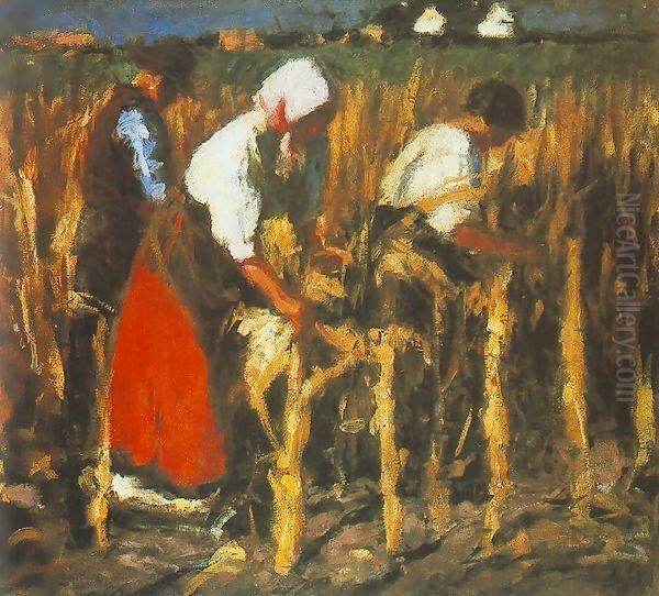 Corn Huskers 1917 Oil Painting by Jeno Remsey