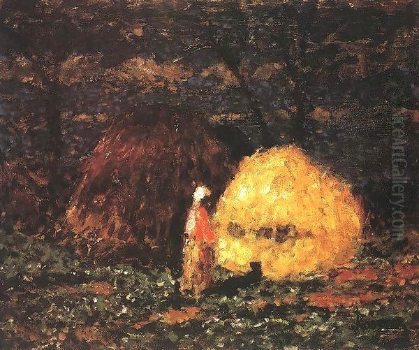 Haystacks with Woman in Pink Blouse 1940 Oil Painting by Jeno Remsey