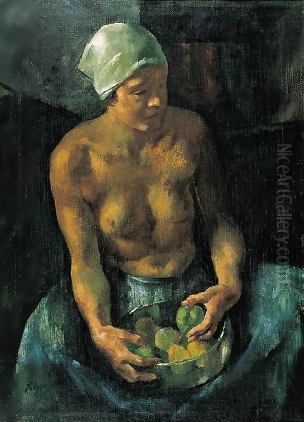 Girl with Apples (Half Nude with a Bowl of Fruits) 1921 Oil Painting by Istvan Desi-Huber