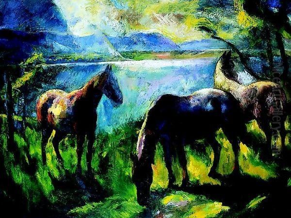 Horses in the Yard 1926 Oil Painting by Istvan Desi-Huber