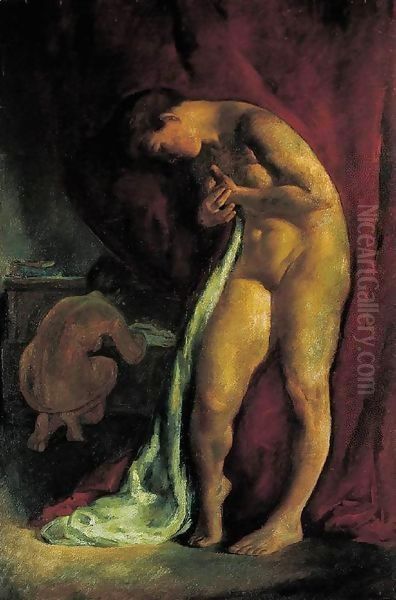 Nude in Front of a Red Drapery (After Bath) c 1919 Oil Painting by Istvan Desi-Huber