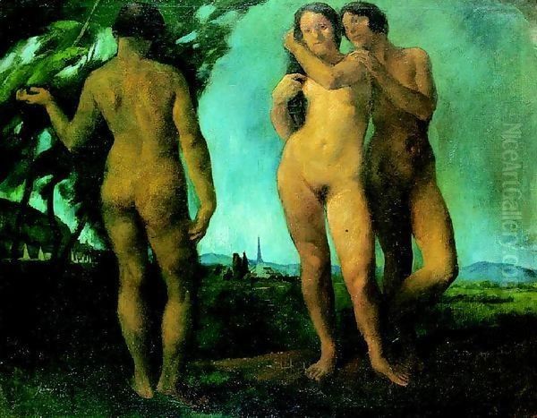 The Three Graces (Nudes in the Open) 1921 Oil Painting by Istvan Desi-Huber