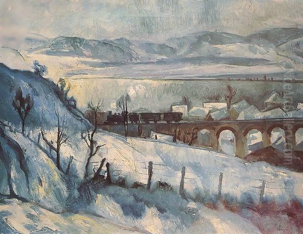 Viaduct (Winter Landscape with Railway) 1927 Oil Painting by Istvan Desi-Huber