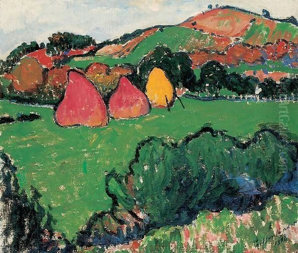 Landscape at Nagybanya with Haystacks 1915 Oil Painting by Robert King