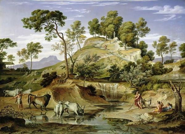 Landscape with Shepherds and Cows and at the Spring 1832 34 Oil Painting by Joseph Anton Koch