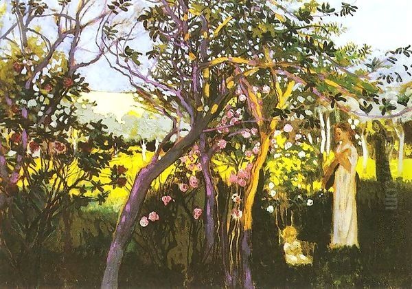 Three figures in a garden 1910 Oil Painting by Robert Bereny