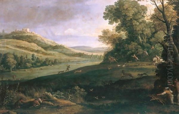 Landscape with Rabbit Hunt Oil Painting by Oszkar Nagy