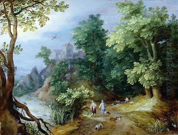 Landscape with Sportsmen and Dogs Oil Painting by Oszkar Nagy