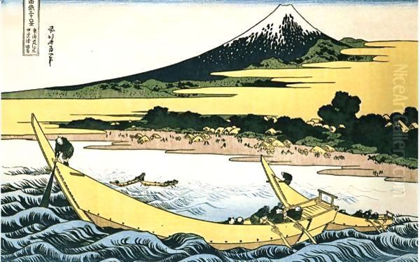 A Fishing Boat with Mt Fuji Oil Painting by Katsushika Hokusai