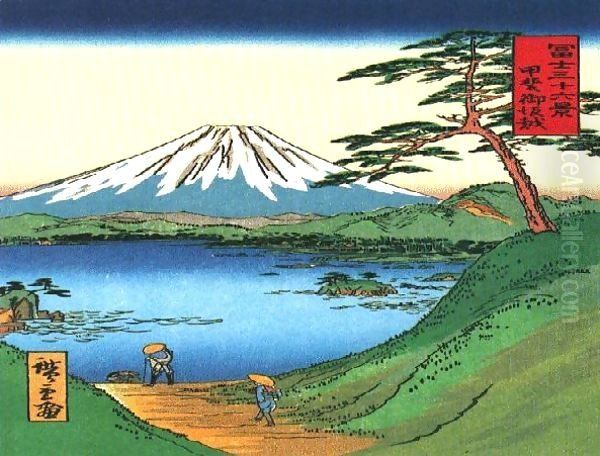 A Green Hilly View of Mt Fuji over a Lake Oil Painting by Katsushika Hokusai