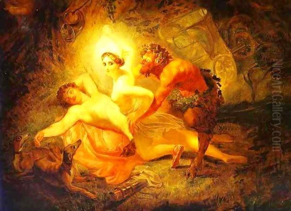 Diana Endymion and Satyr Date unknown Oil Painting by Julia Vajda