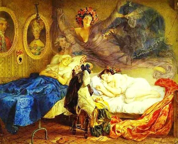 Dreams of Grandmother and Granddaughter 1829 Oil Painting by Julia Vajda