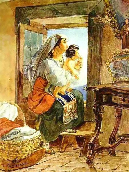 Italian Woman with a Child by a Window 1831 Oil Painting by Julia Vajda