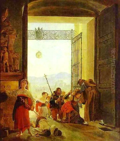 Pilgrims at the Entrance of the Lateran Basilica 1825 Oil Painting by Julia Vajda