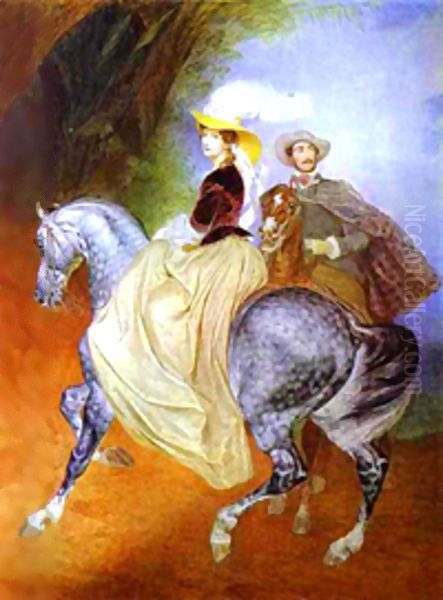 Portrait of Ye Mussart and E Mussart Riders 1849 Oil Painting by Julia Vajda