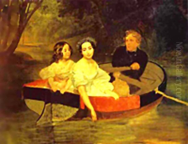 Self portrait with Baroness Ye N Meller Zakomelskaya and a Girl in a Boat Unfinished 1833 1835 Oil Painting by Julia Vajda