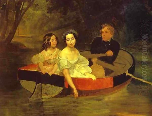 Self portrait with Baroness Ye N Meller Zakomelskaya and a Girl in a Boat Oil Painting by Jules-Elie Delaunay