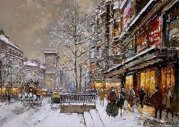 Grands Boulevard et Porte St Denis sous la Neige Oil Painting by Agost Benkhard