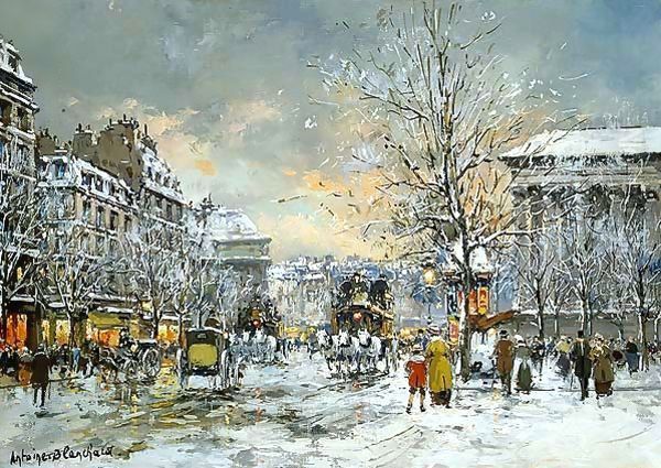 Omnibus at the Place de la Madeleine Winter Oil Painting by Agost Benkhard